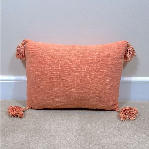 Accent Pillow Coral Orange Pink Rectangular Textured Tassel Beach 18x13in - Picture 1 of 6